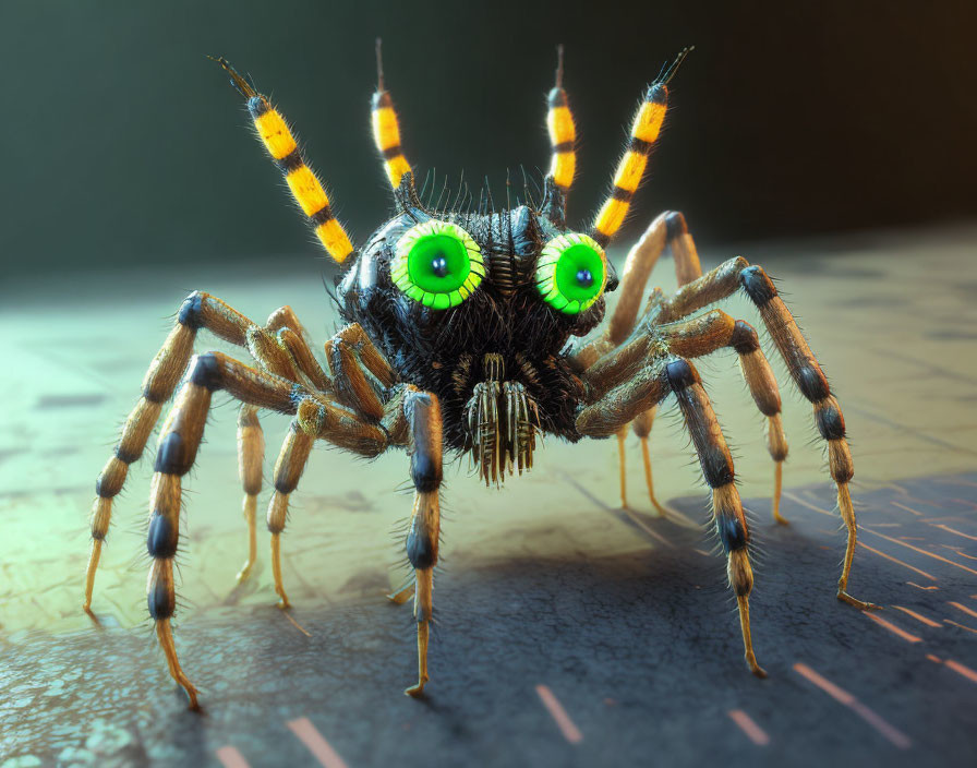 Stylized 3D Rendering of Spider with Green Eyes and Striped Legs