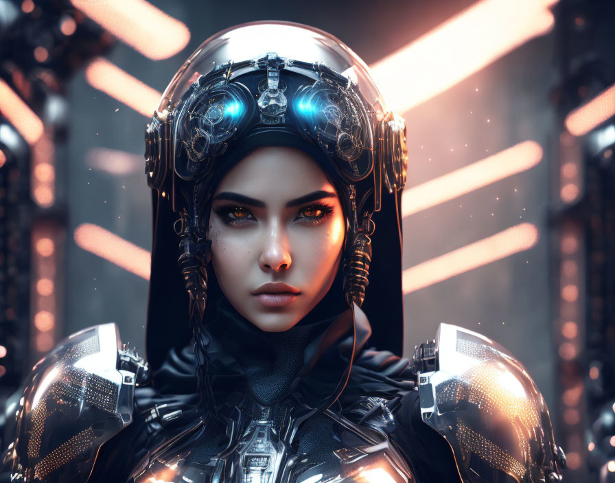 Futuristic armored woman with advanced helmet in low-light setting