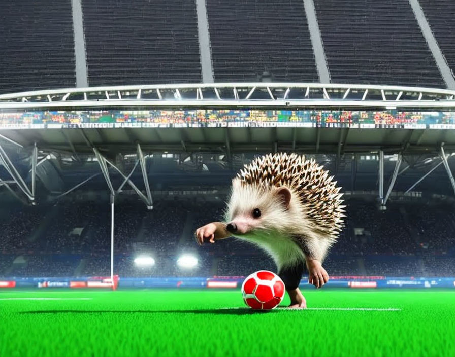 Hedgehog playing soccer on vibrant green pitch in empty stadium