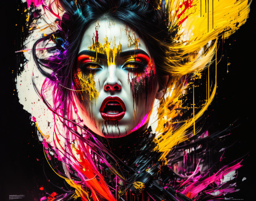 Colorful abstract painting: woman's face, vibrant colors, dynamic splatters