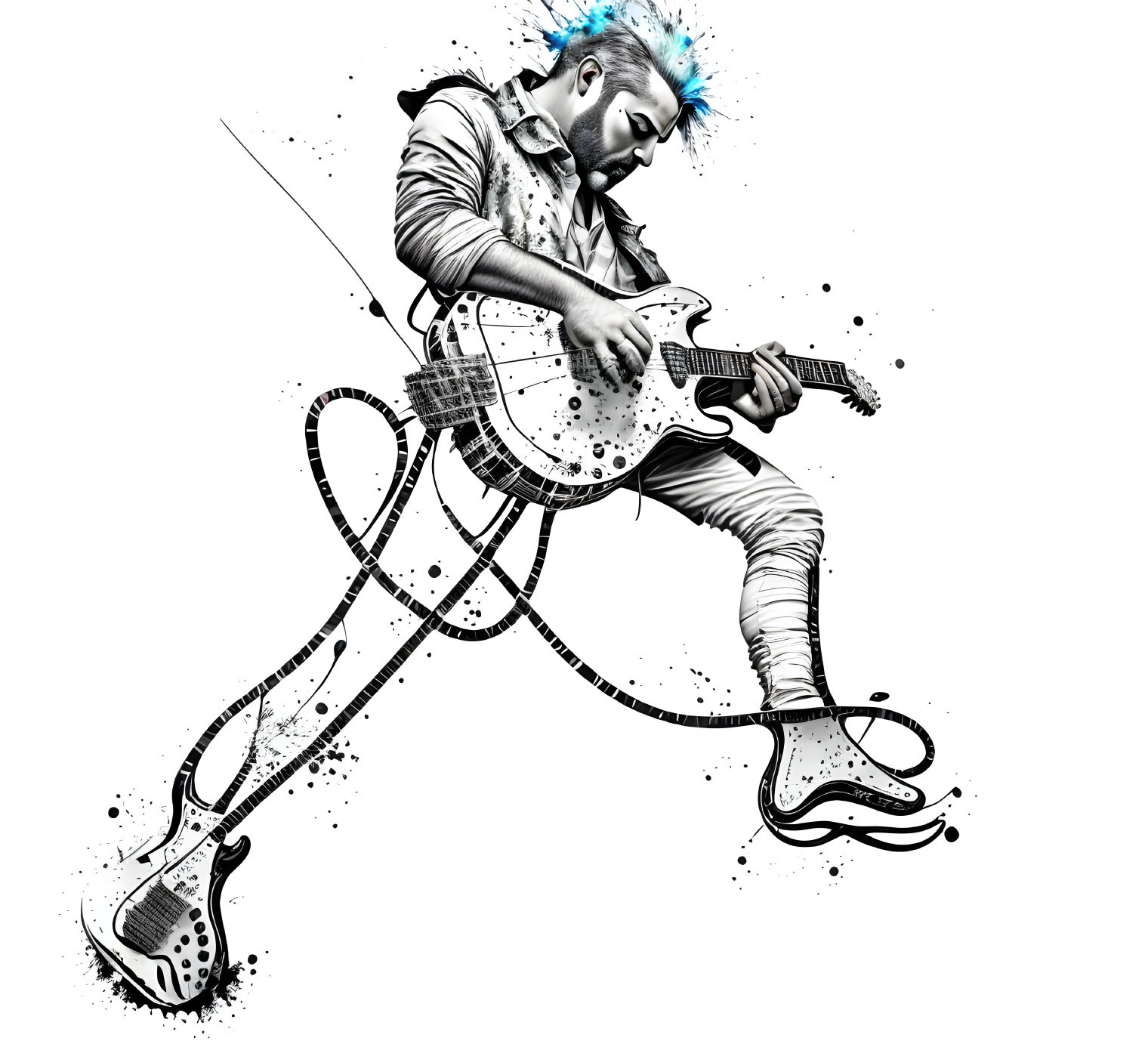 Monochrome image of person with blue mohawk playing guitar