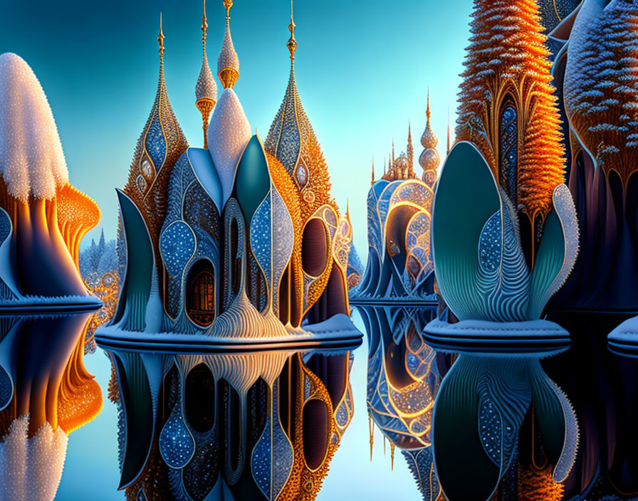 Illuminated architectural landscape with snow-covered onion domes reflected in serene water