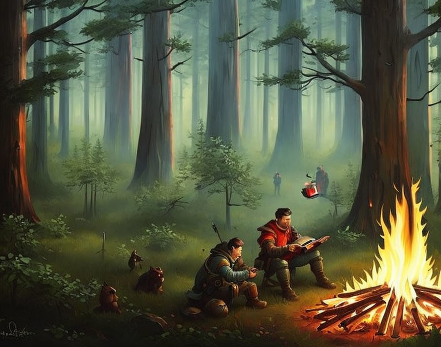 Serene forest scene: Two individuals by campfire with guitar player and listener, dog resting nearby