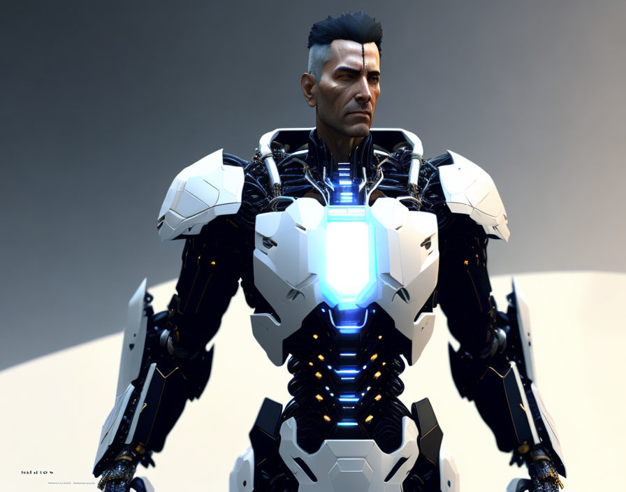 Cybernetic humanoid with white armor and glowing blue core