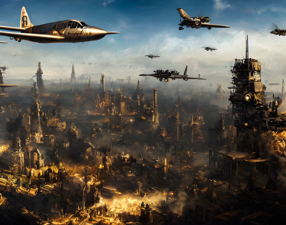 Dystopian cityscape with futuristic aircraft and industrial ruins