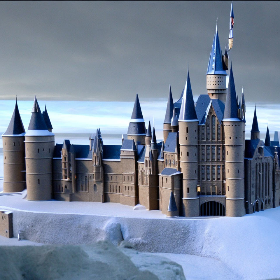 Castle model resembling Hogwarts with multiple spires on snowy surface under cloudy sky