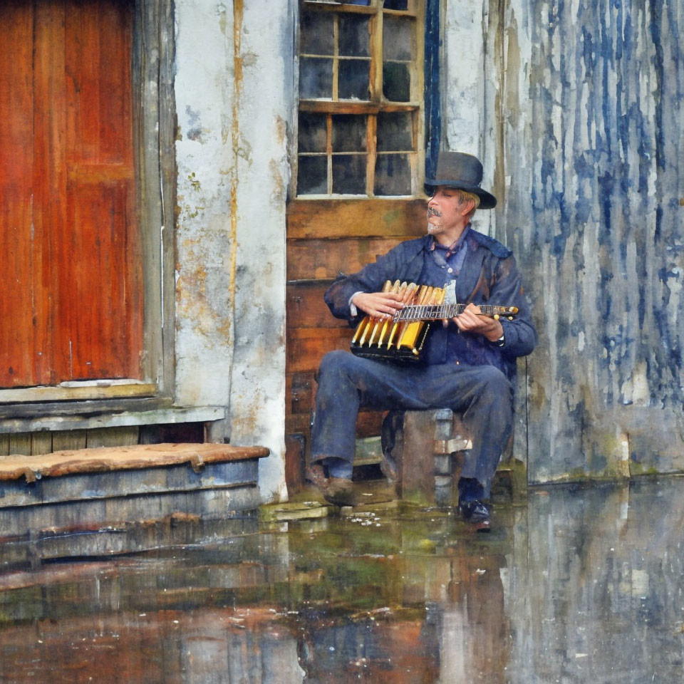 Accordion player in hat near wooden door with reflections on wet ground