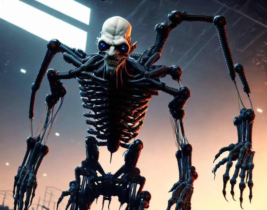 Sinister CGI creature with skull face and arachnid limbs in futuristic scene