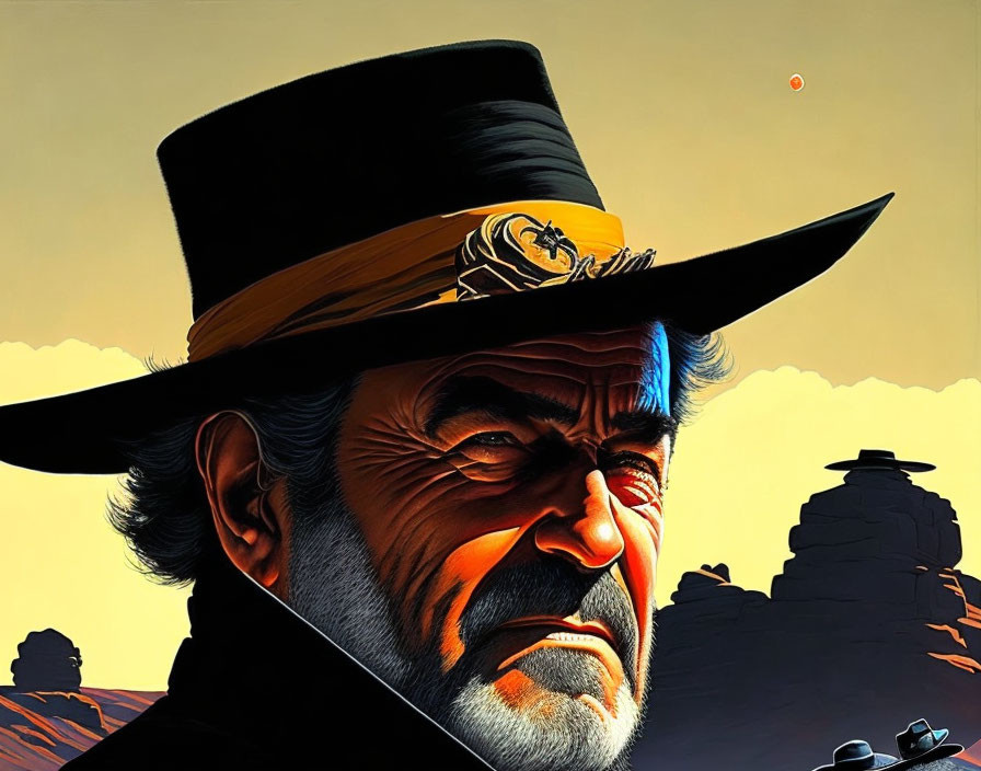 Bearded man in top hat with badge in Western attire in desert landscape