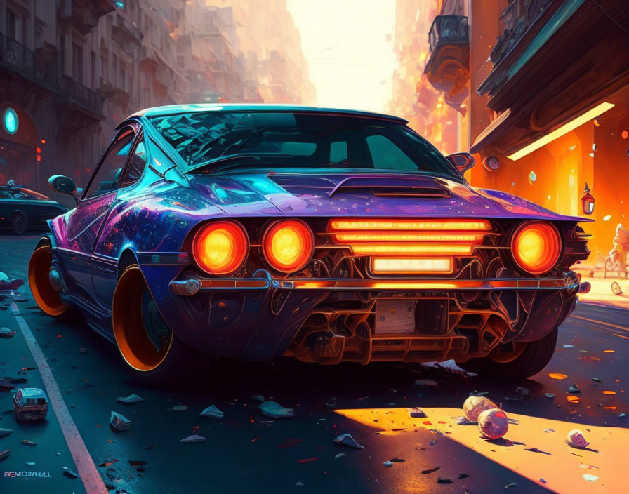 Blue Muscle Car Illustration in Neon-lit Cyberpunk City