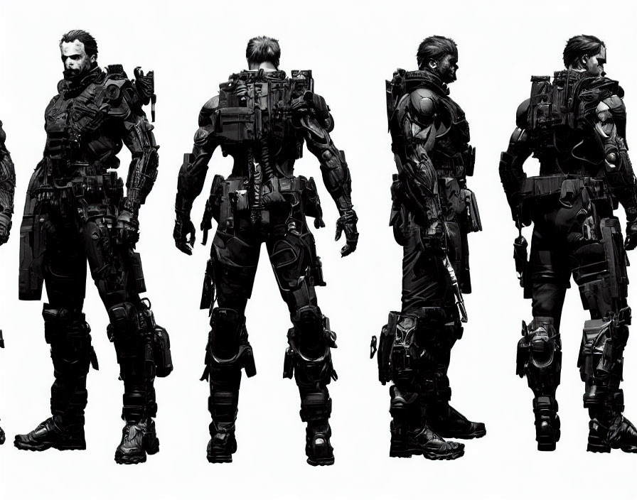 Person in Tactical Suit and Armor in Four Sequential Poses
