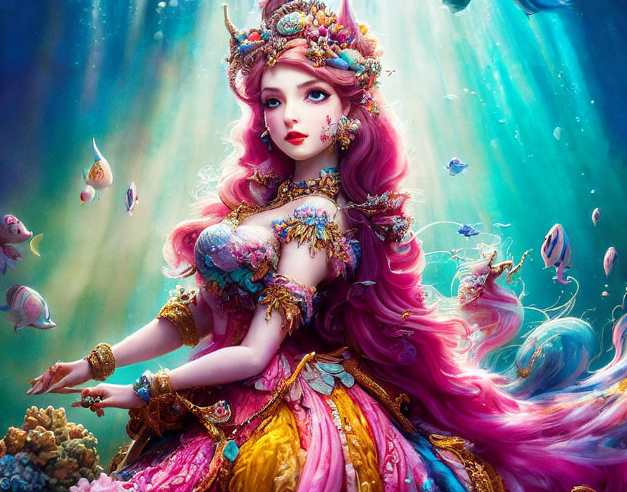 Fantasy mermaid with pink hair and jeweled crown, surrounded by colorful sea life in underwater scene