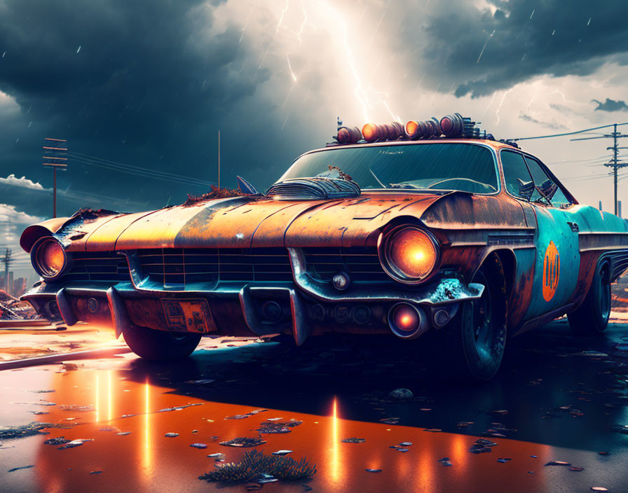 Vintage Car with Futuristic Modifications in Stormy Sky