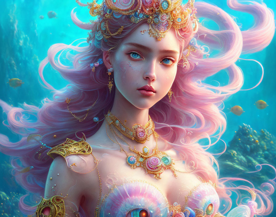 Fantasy illustration: Woman with pink hair, gold jewelry, underwater jellyfish scene
