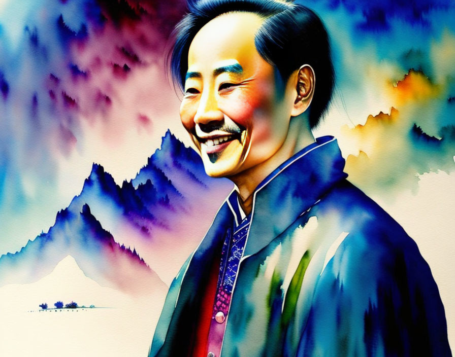 Colorful illustration: Smiling man in blue traditional attire with mustache.