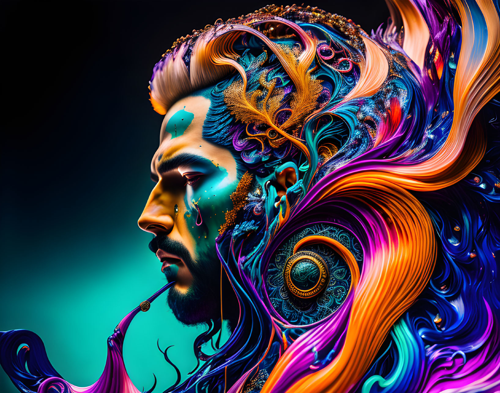 Colorful digital artwork: Man with swirling patterns merging with face and beard