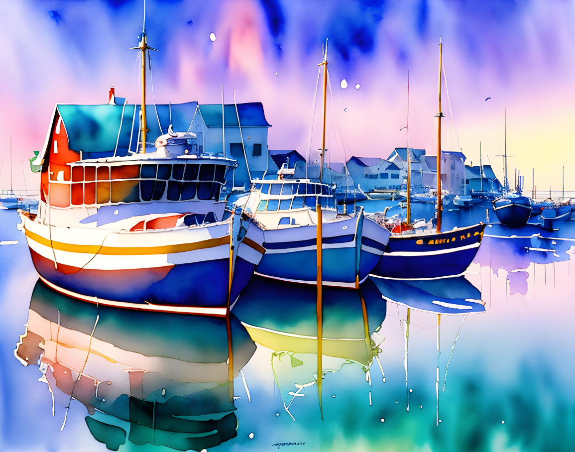 Vibrant Watercolor Painting: Boats in Calm Harbor at Sunset