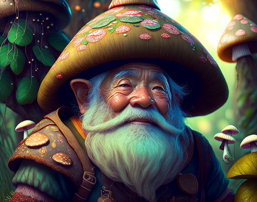 Whimsical elderly gnome with mushroom cap hat in enchanted forest