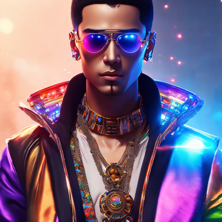 Colorful portrait with glowing sunglasses and futuristic jacket on neon background
