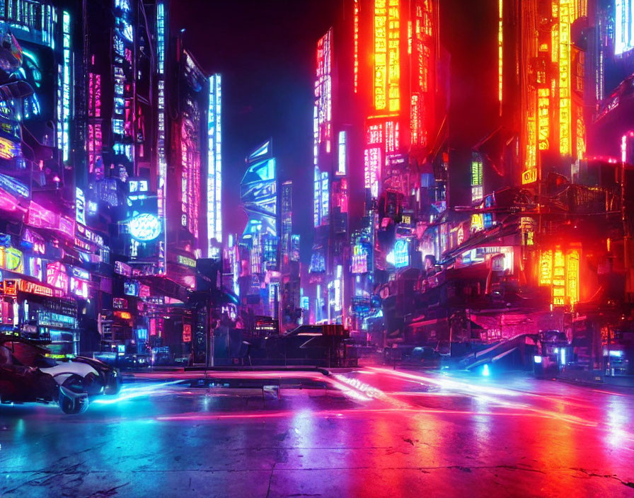 Futuristic neon-lit cityscape with sleek vehicles and glowing signs