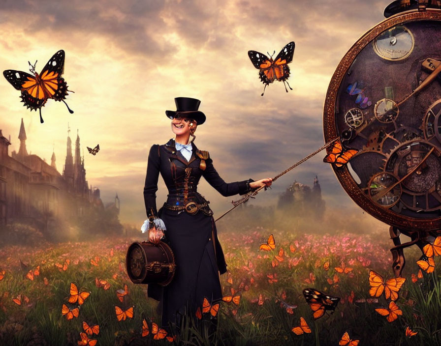 Steampunk woman with cane and handbag in field with butterflies, cogwheel clock, cathedral.