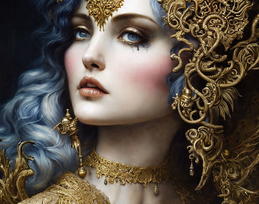 Digital artwork of woman with blue hair and gold jewelry in fantasy style