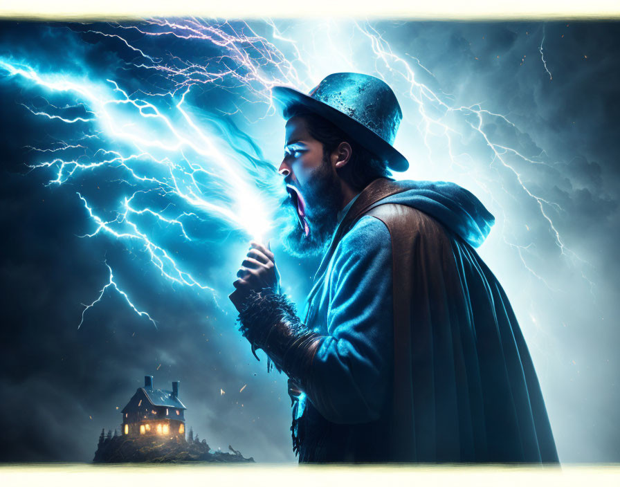 Person in hat and cloak screams with lightning striking house on hill