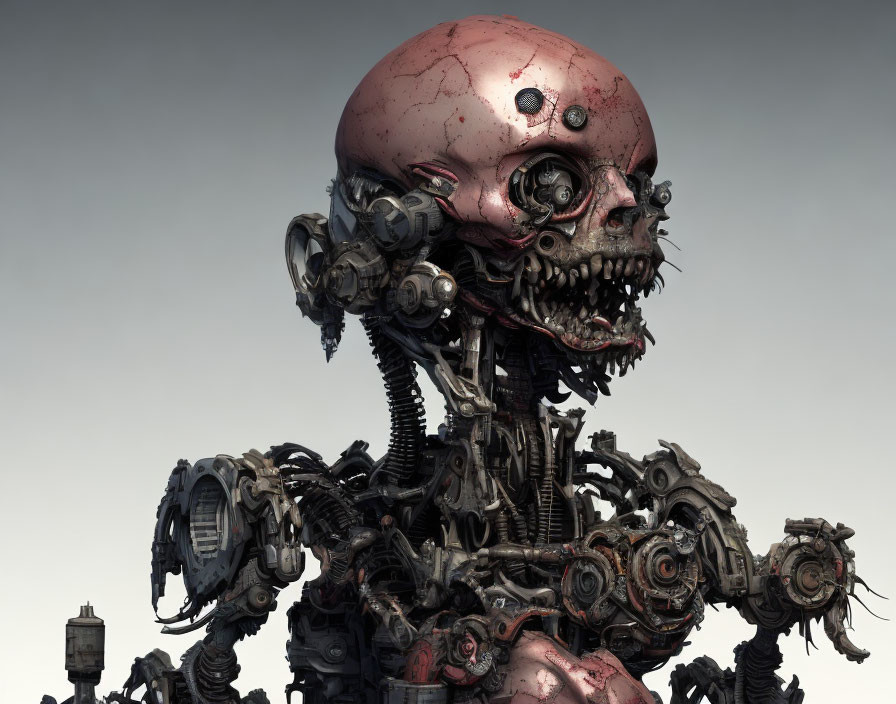 Detailed Sinister Robotic Creature with Skull-like Head and Reddish Dome