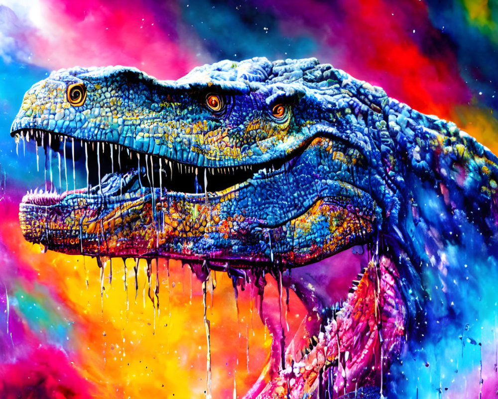 Colorful Dinosaur Artwork with Paint-Like Texture on Rainbow Background