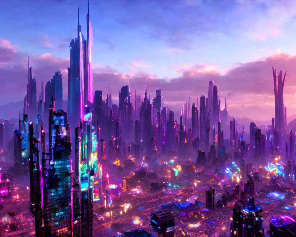 Neon-lit skyscrapers in futuristic cityscape at dusk