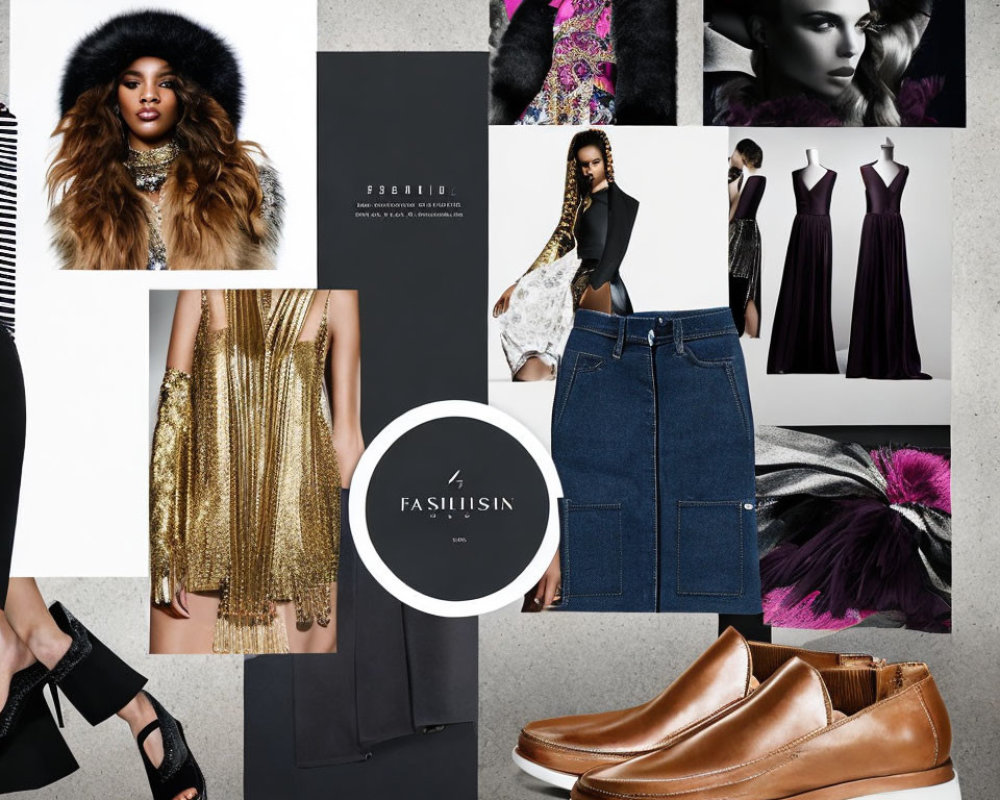 Fashion collage showcasing dresses, shoes, denim & luxurious textures