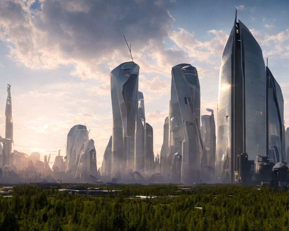 Modern cityscape with tall skyscrapers and forest under soft sunlight