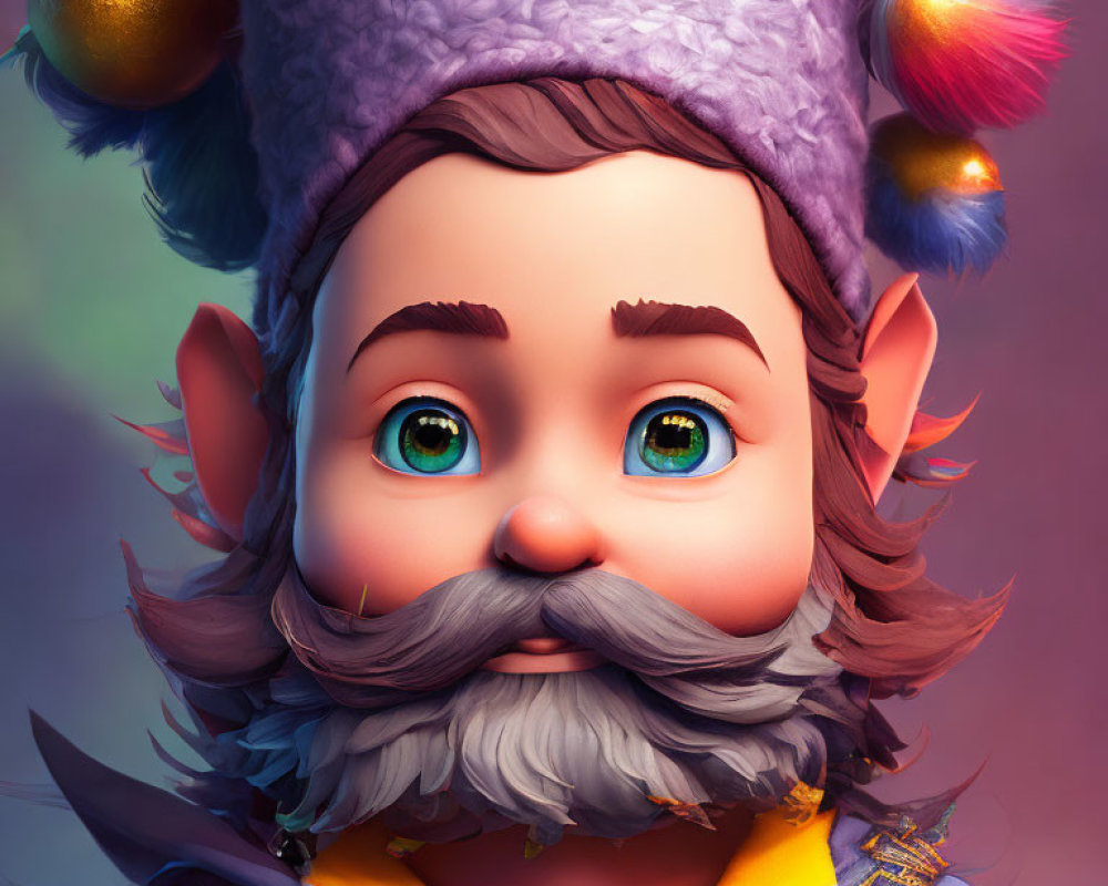 Colorful 3D illustration of a whimsical gnome with purple hat and twinkling eyes