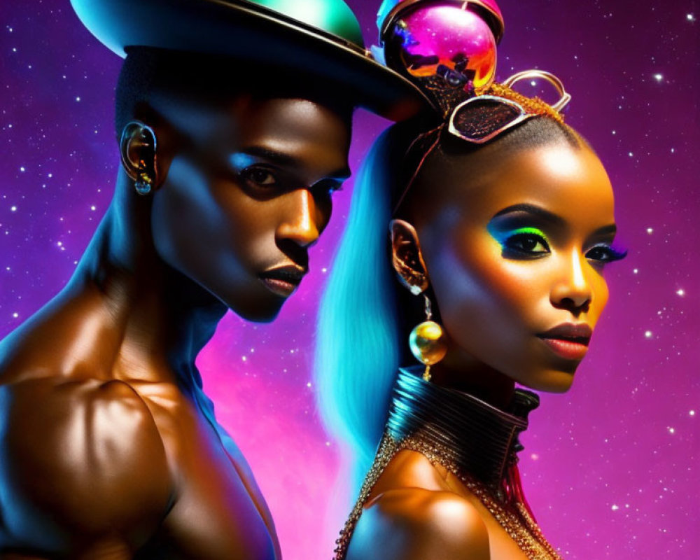Two individuals with glowing skin in futuristic fashion against cosmic backdrop