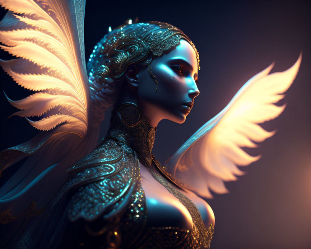Fantasy creature with ethereal wings in metallic armor on dark background