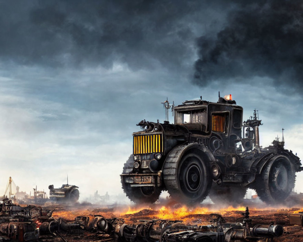 Dystopian landscape with rugged truck, dark clouds, fires, and debris