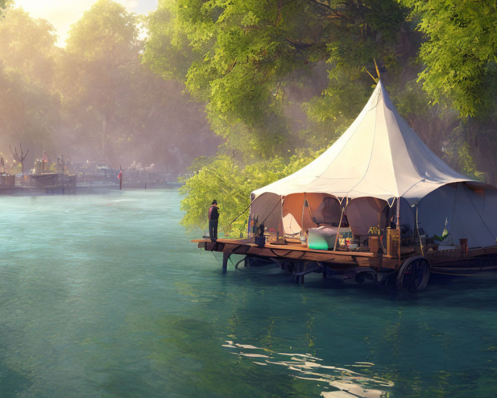 Luxurious lakeside glamping scene with person and lush trees