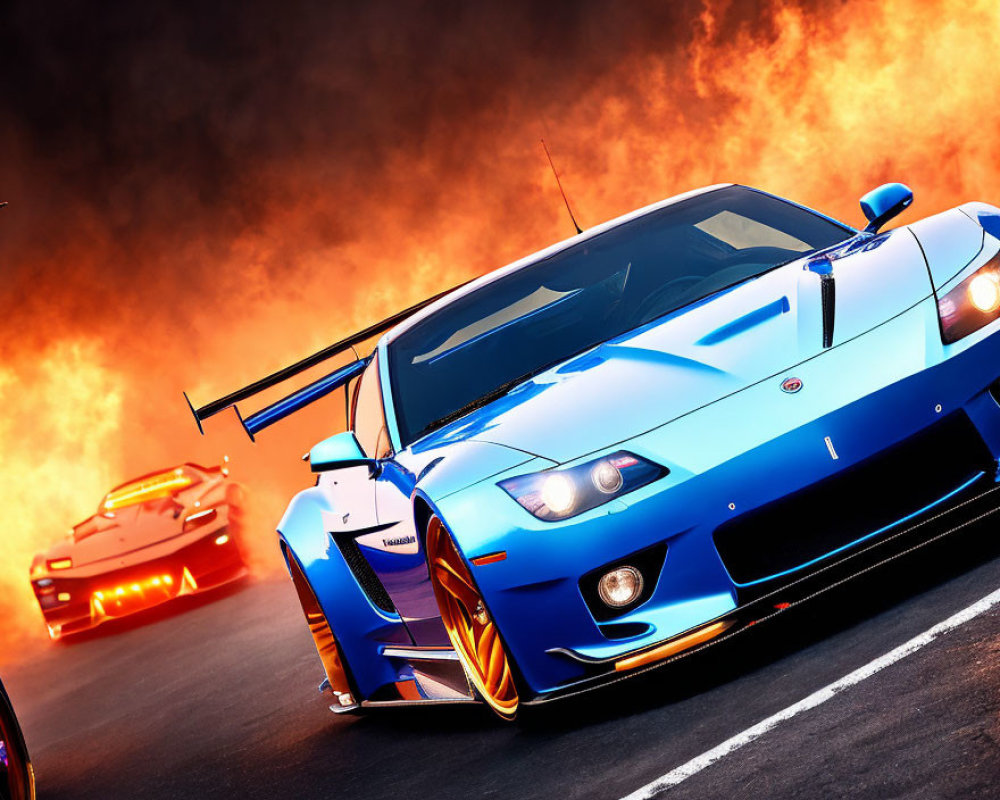 Fast cars racing on track with fiery explosions in background
