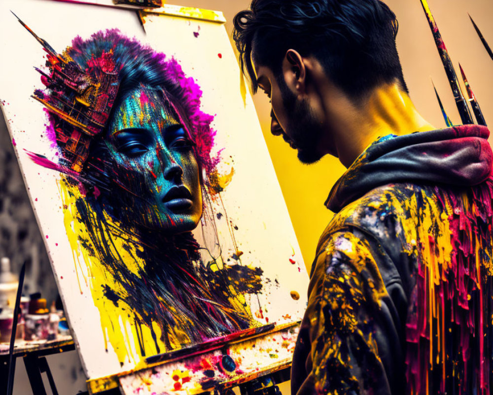 Paint-splattered artist creates abstract portrait of woman in art studio