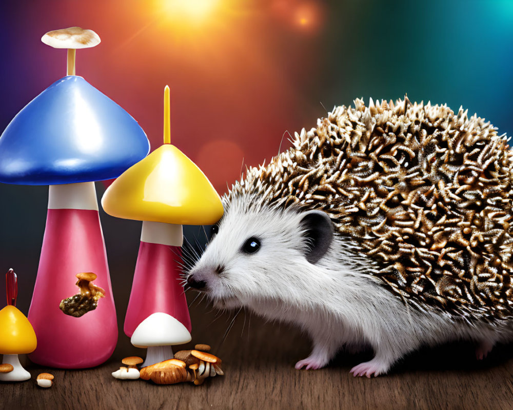 Colorful Fantasy Mushrooms with Hedgehog in Mystical Setting
