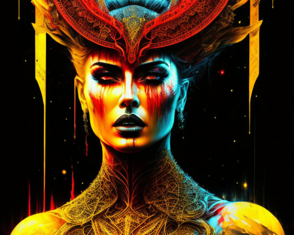 Vibrant digital artwork of female figure in red and gold headgear and armor against cosmic background