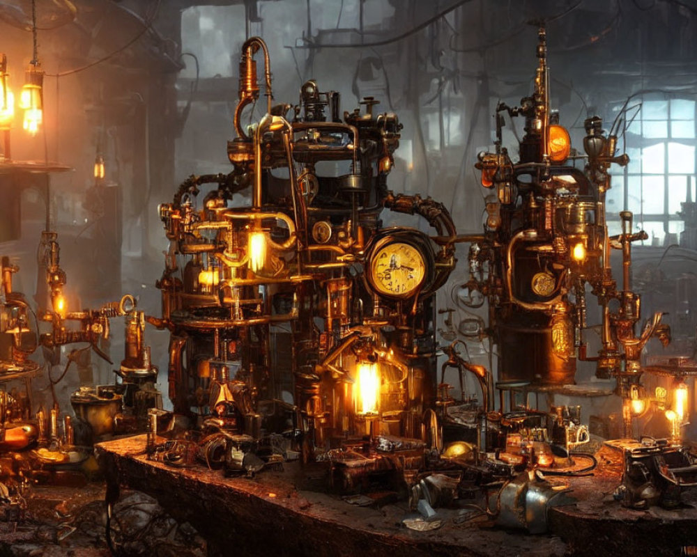 Detailed Steampunk-Style Laboratory with Machinery, Lights, Gauges, and Pipes