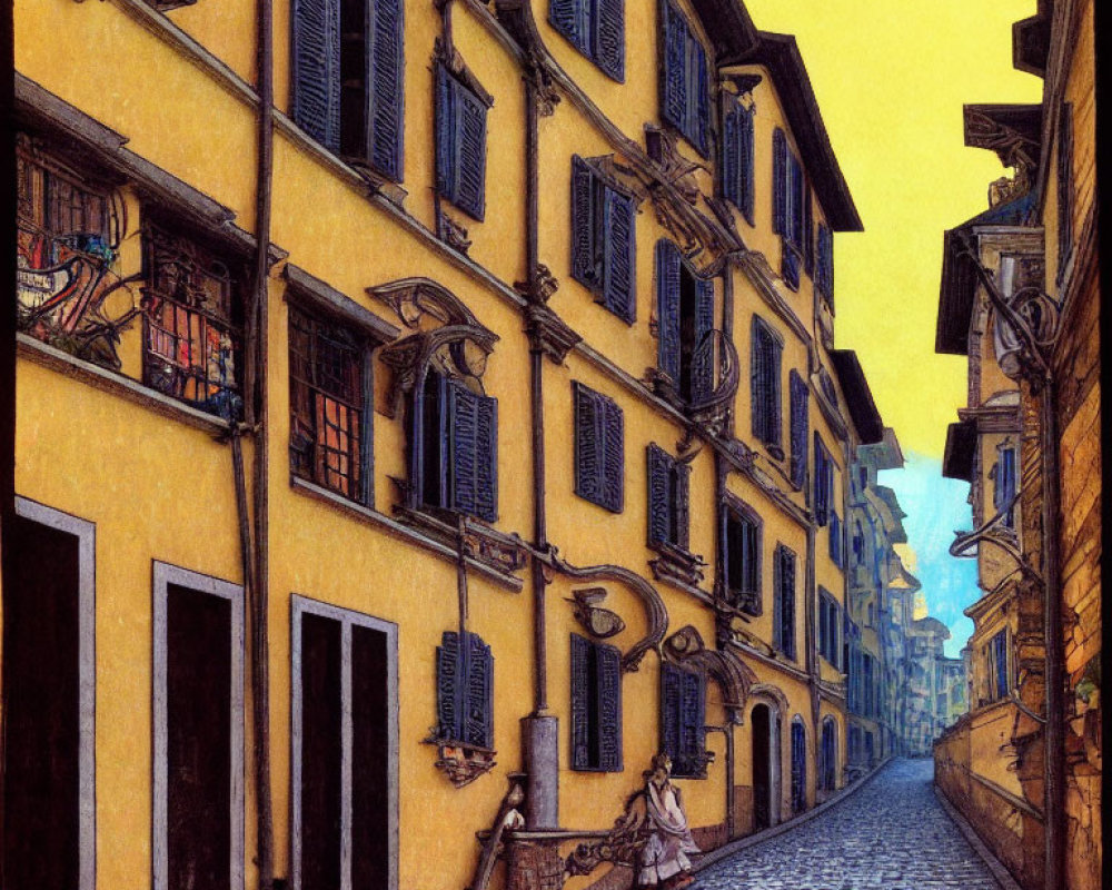 Colorful European cobblestone street with yellow buildings and pedestrian.