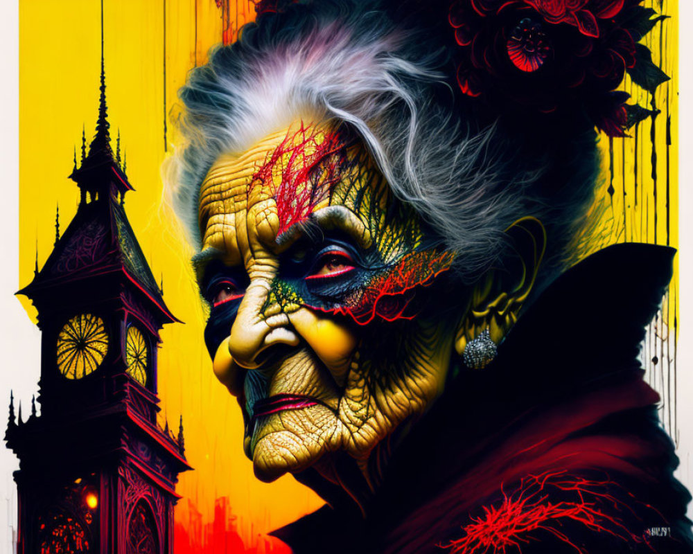 Detailed Portrait of Elder Woman with Colorful Patterns and Gothic Clock Tower