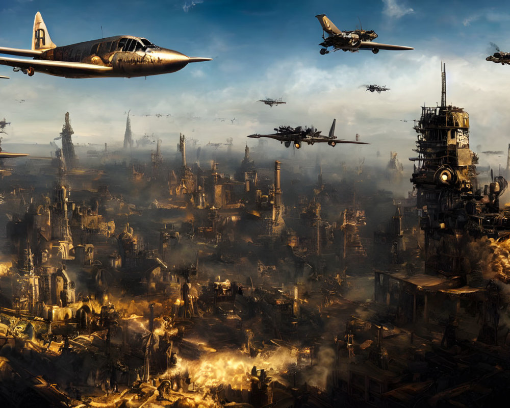 Dystopian cityscape with futuristic aircraft and industrial ruins