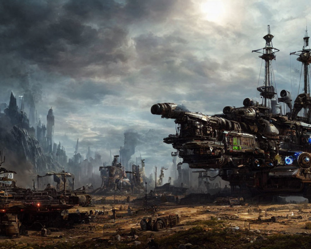 Dystopian landscape with industrial machines and skyscrapers