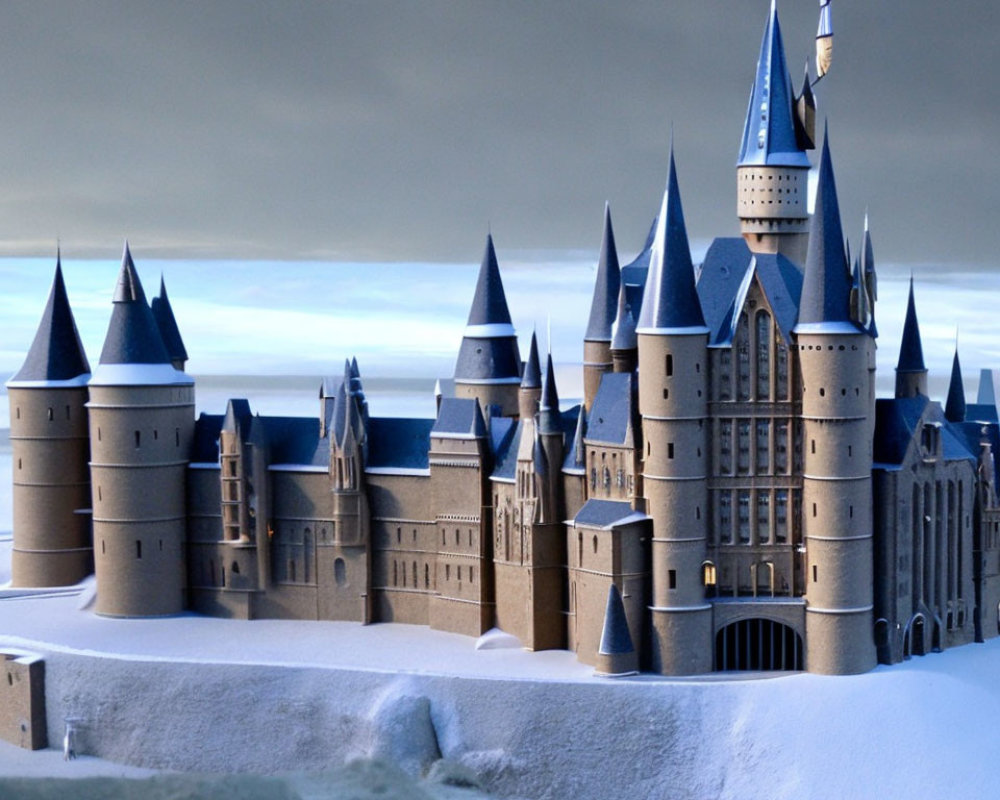 Castle model resembling Hogwarts with multiple spires on snowy surface under cloudy sky