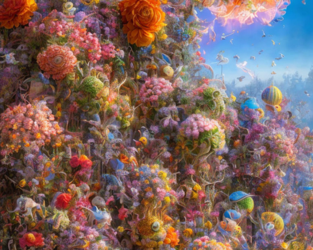 Vibrant digital artwork of dense floral landscape and hot air balloons