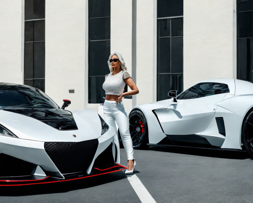 Stylish Woman in White Attire Between Luxury Cars and Building with Vertical Lines