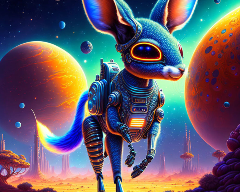 Cybernetic creature with fennec fox head on alien landscape